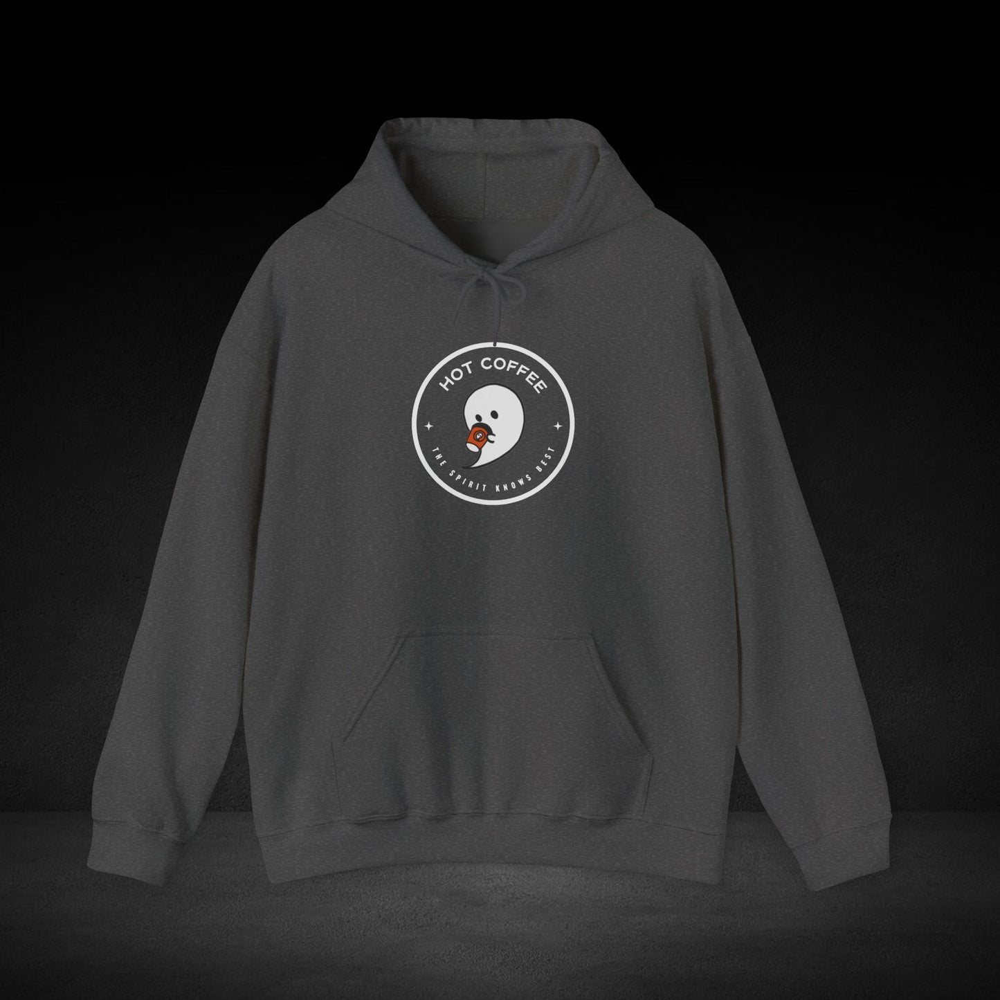 A gray hoodie with a circular logo that says "HOT COFFEE" and features a small ghost-like figure.