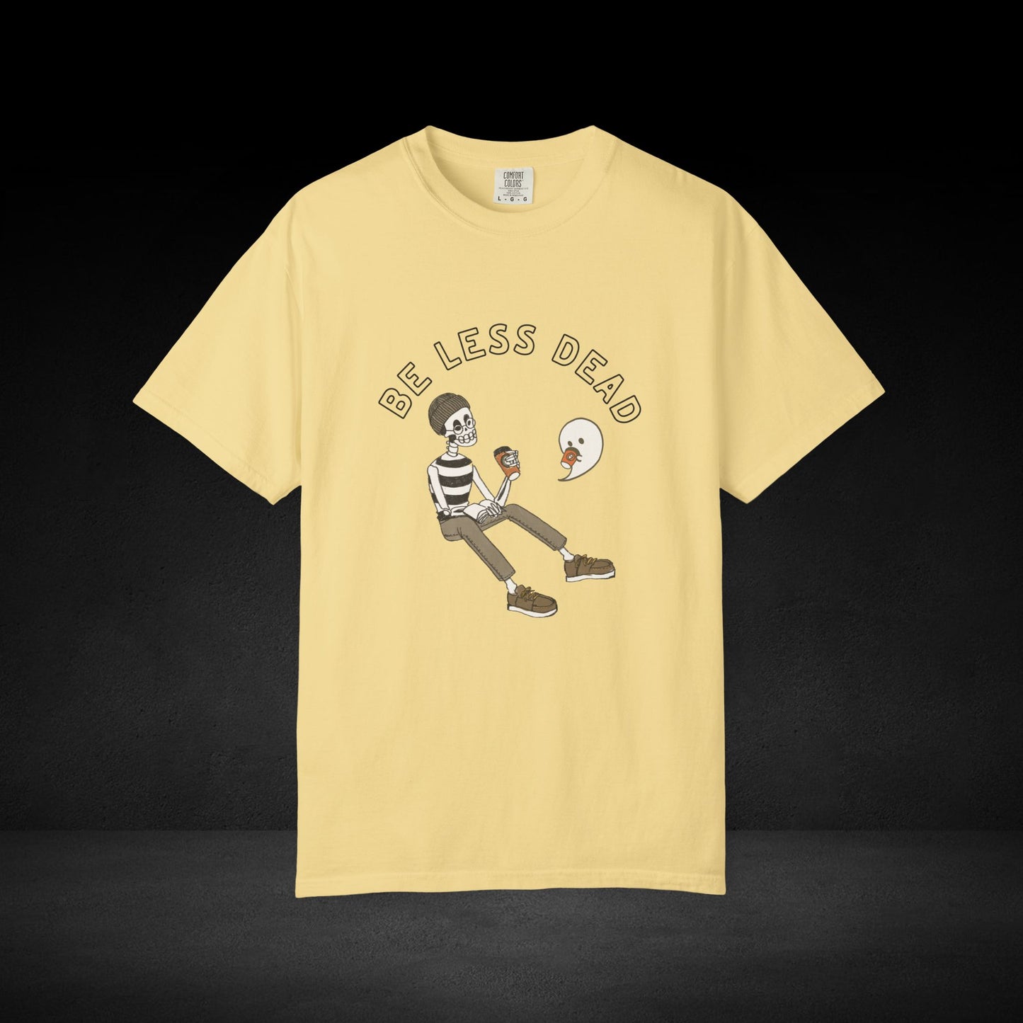 Be Less Dead Coffee Tee – Skeleton and Ghost Sharing a Brew Graphic T-Shirt