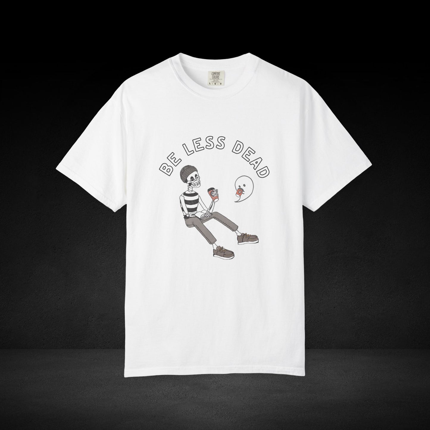 Be Less Dead Coffee Tee – Skeleton and Ghost Sharing a Brew Graphic T-Shirt
