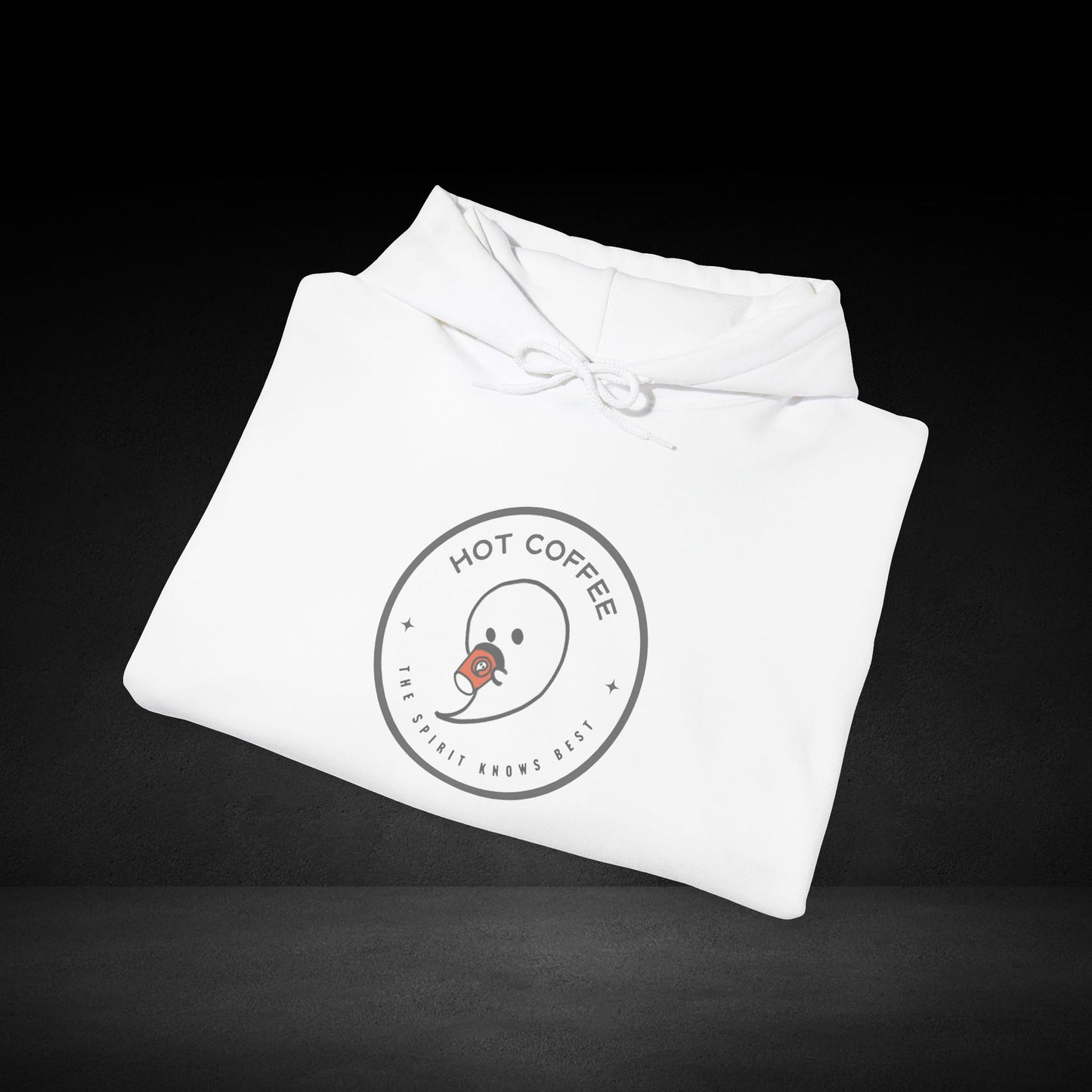 A white hoodie with a circular logo that says "HOT COFFEE" and "THE SPIRIT KNOWS BEST" printed on it.