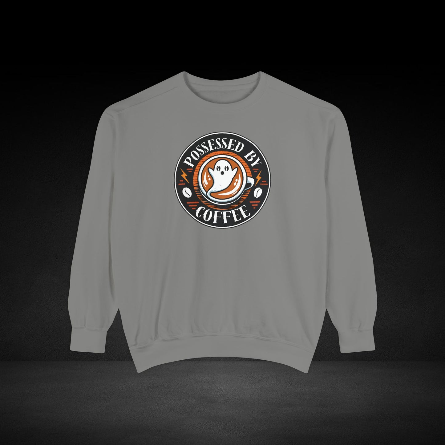 Possessed By Coffee Ghost Sweatshirt - Coffee Lover Crewneck with Vintage Badge Design