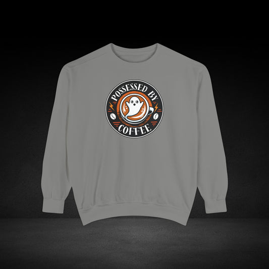 Possessed By Coffee Ghost Sweatshirt - Coffee Lover Crewneck with Vintage Badge Design