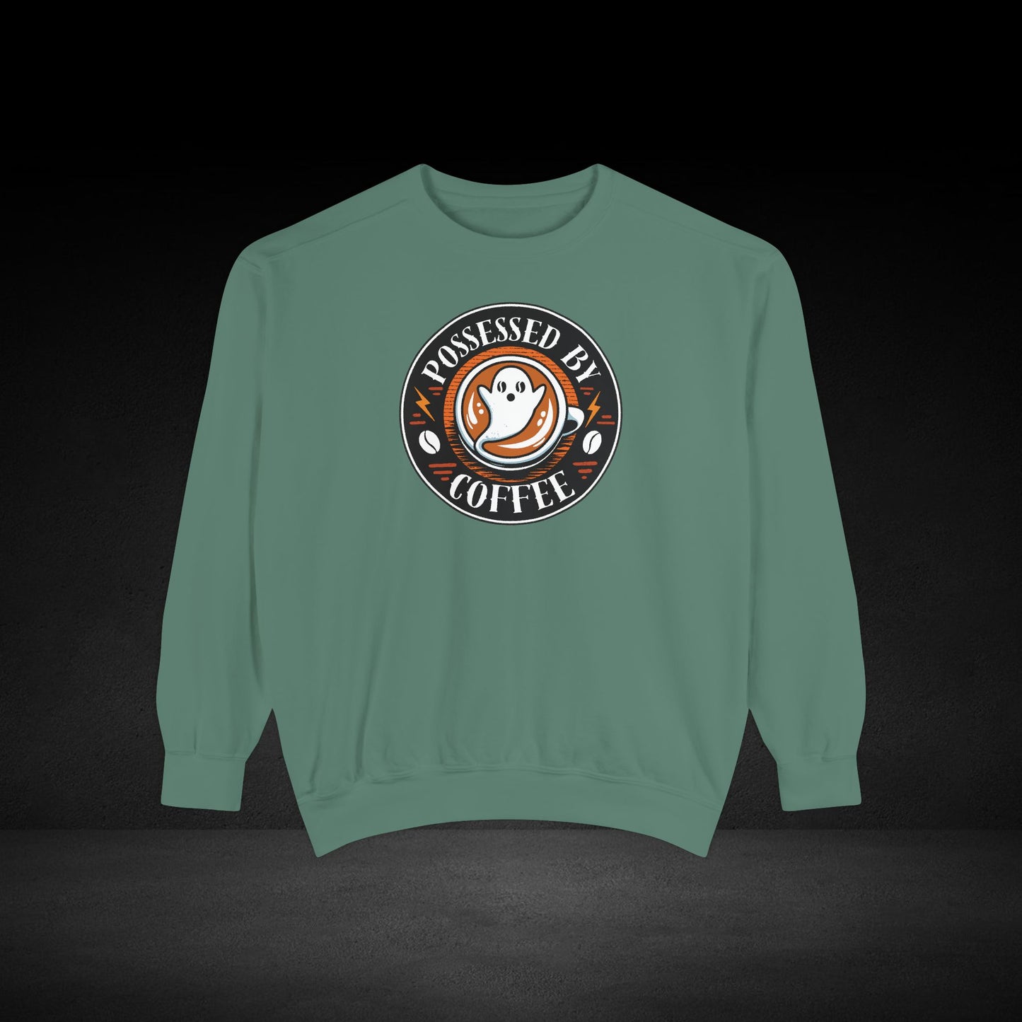 Possessed By Coffee Ghost Sweatshirt - Coffee Lover Crewneck with Vintage Badge Design