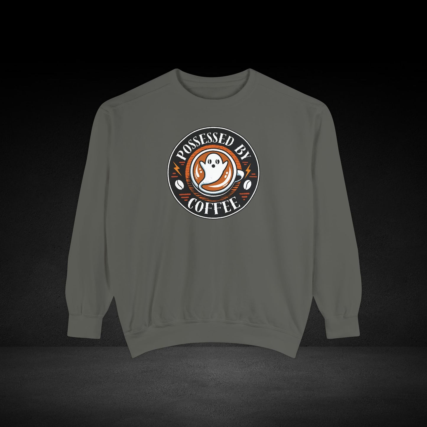 Possessed By Coffee Ghost Sweatshirt - Coffee Lover Crewneck with Vintage Badge Design