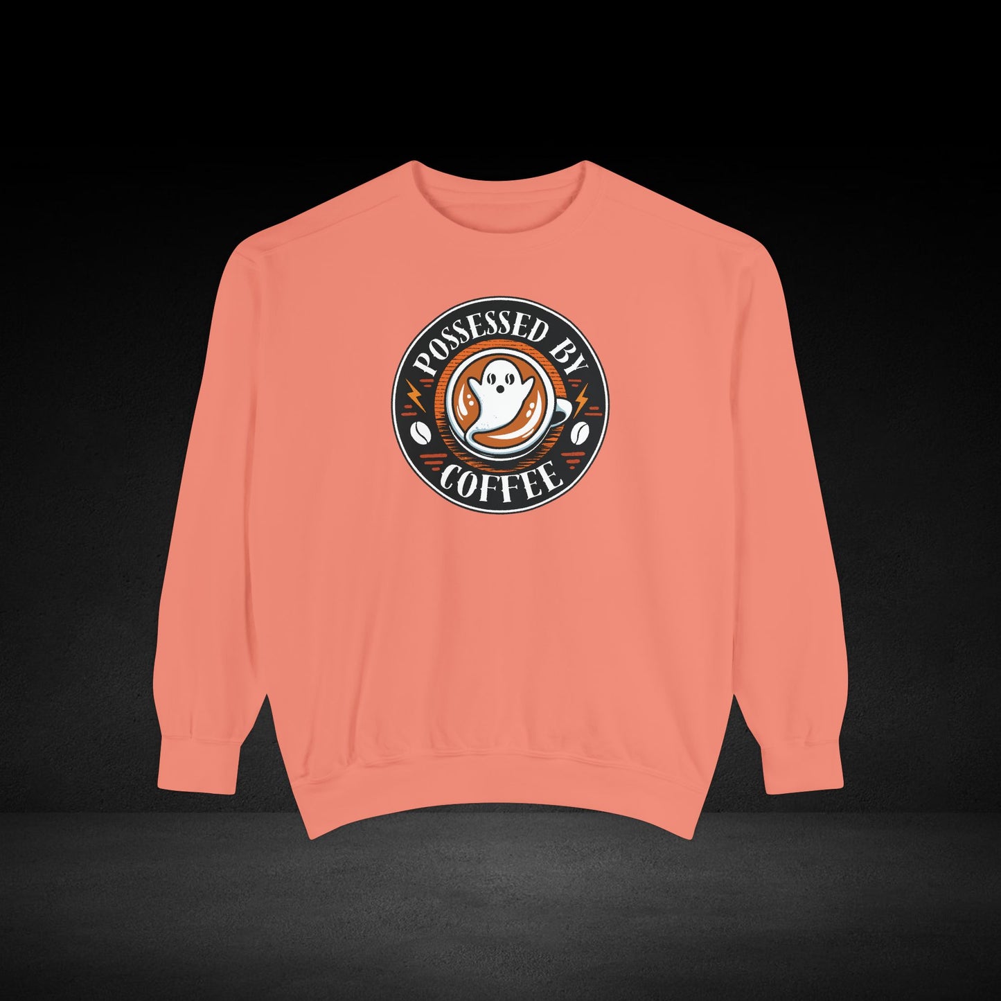 Possessed By Coffee Ghost Sweatshirt - Coffee Lover Crewneck with Vintage Badge Design