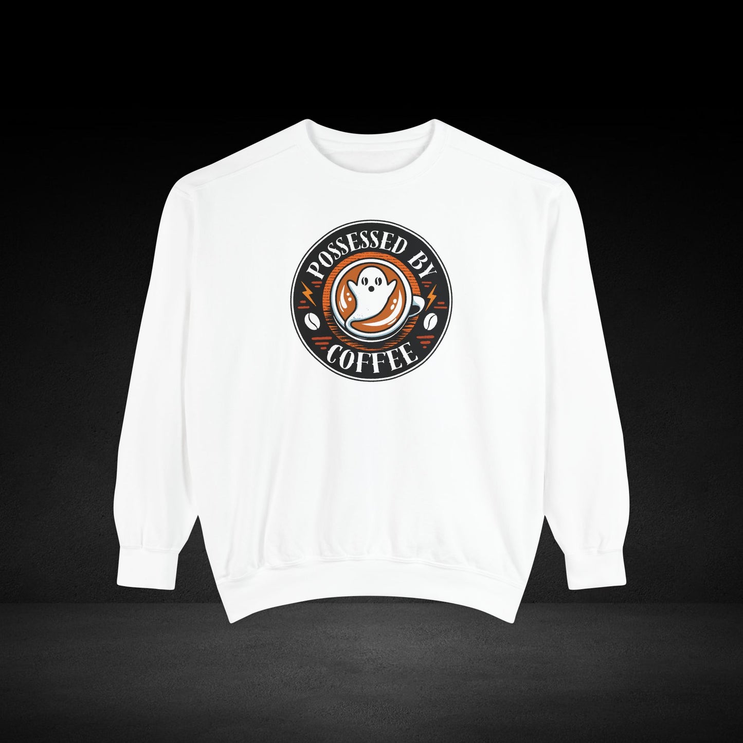 Possessed By Coffee Ghost Sweatshirt - Coffee Lover Crewneck with Vintage Badge Design