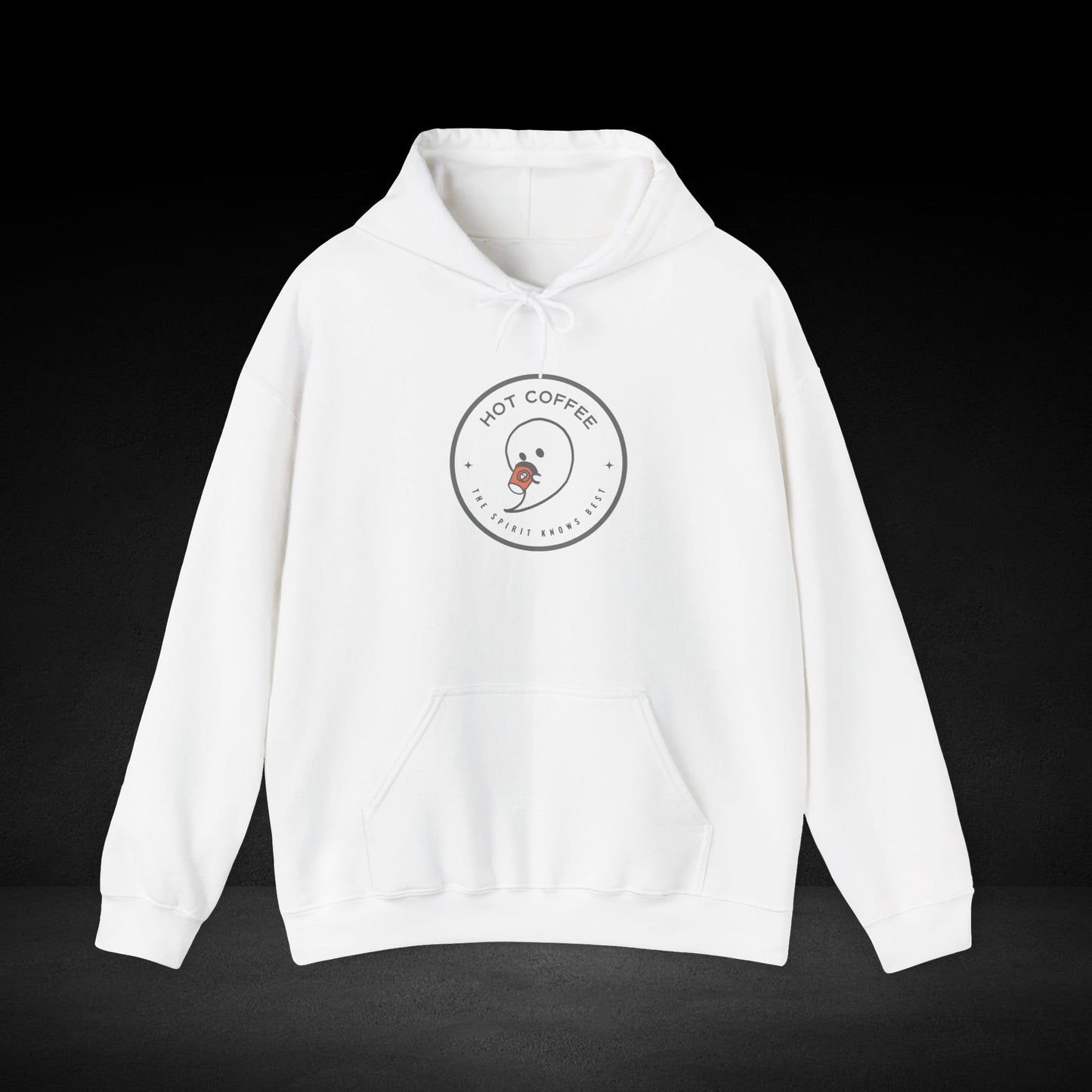 A white hoodie with a circular logo on the front.