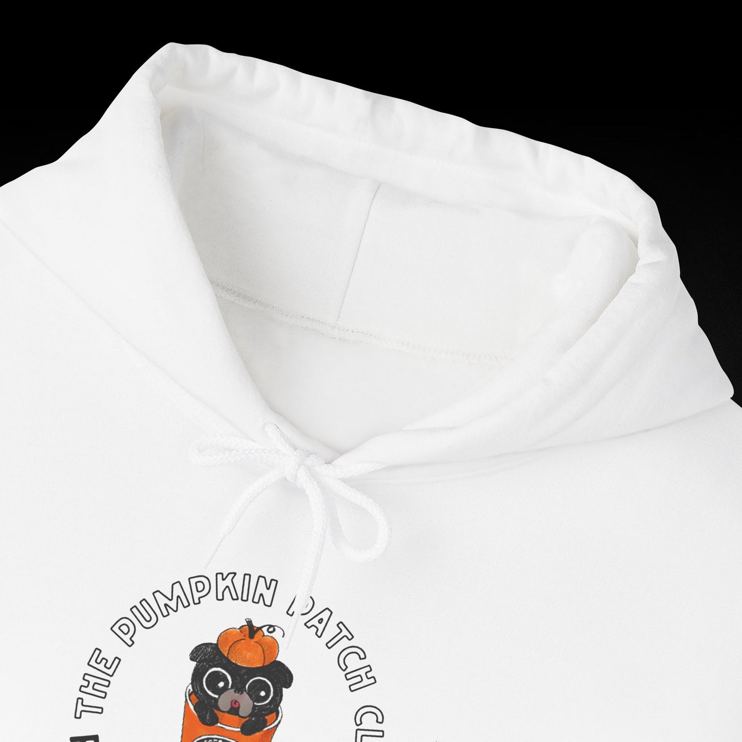 A white hoodie with a graphic design featuring a cartoon character wearing a pumpkin hat and the text "The PUMPKIN PATCH CLUB" printed on it.