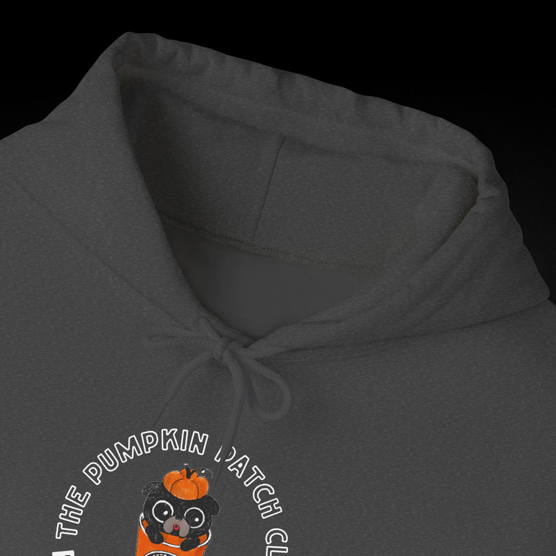 A gray hoodie with a graphic design featuring a cartoon character wearing a pumpkin hat and the text "The PUMPKIN I'M WATCHING" printed on it.