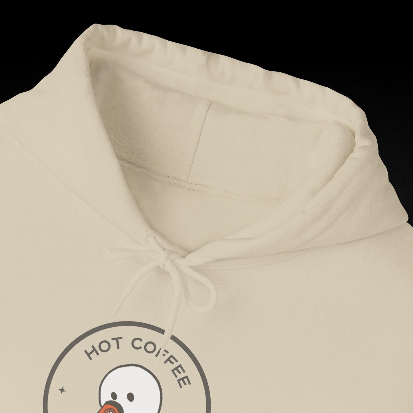 A white hoodie with a circular logo that says "HOT COFFEE".