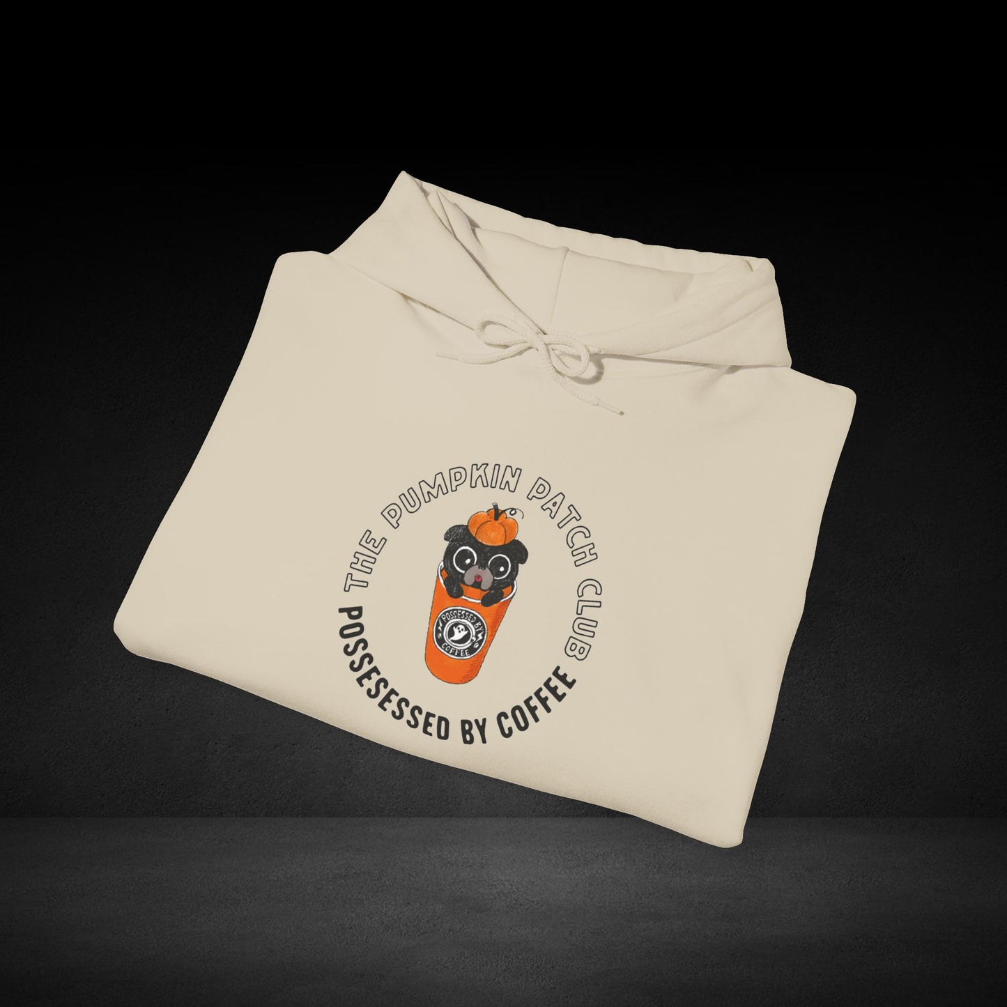 A white hoodie with a graphic design and text printed on it.