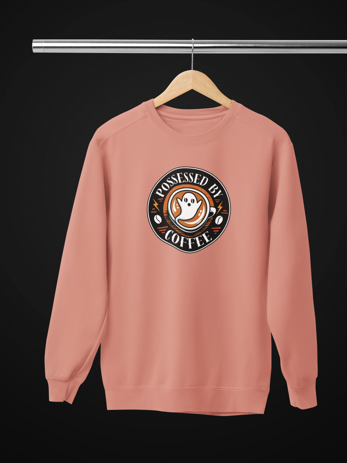 Possessed By Coffee Ghost Sweatshirt - Coffee Lover Crewneck with Vintage Badge Design