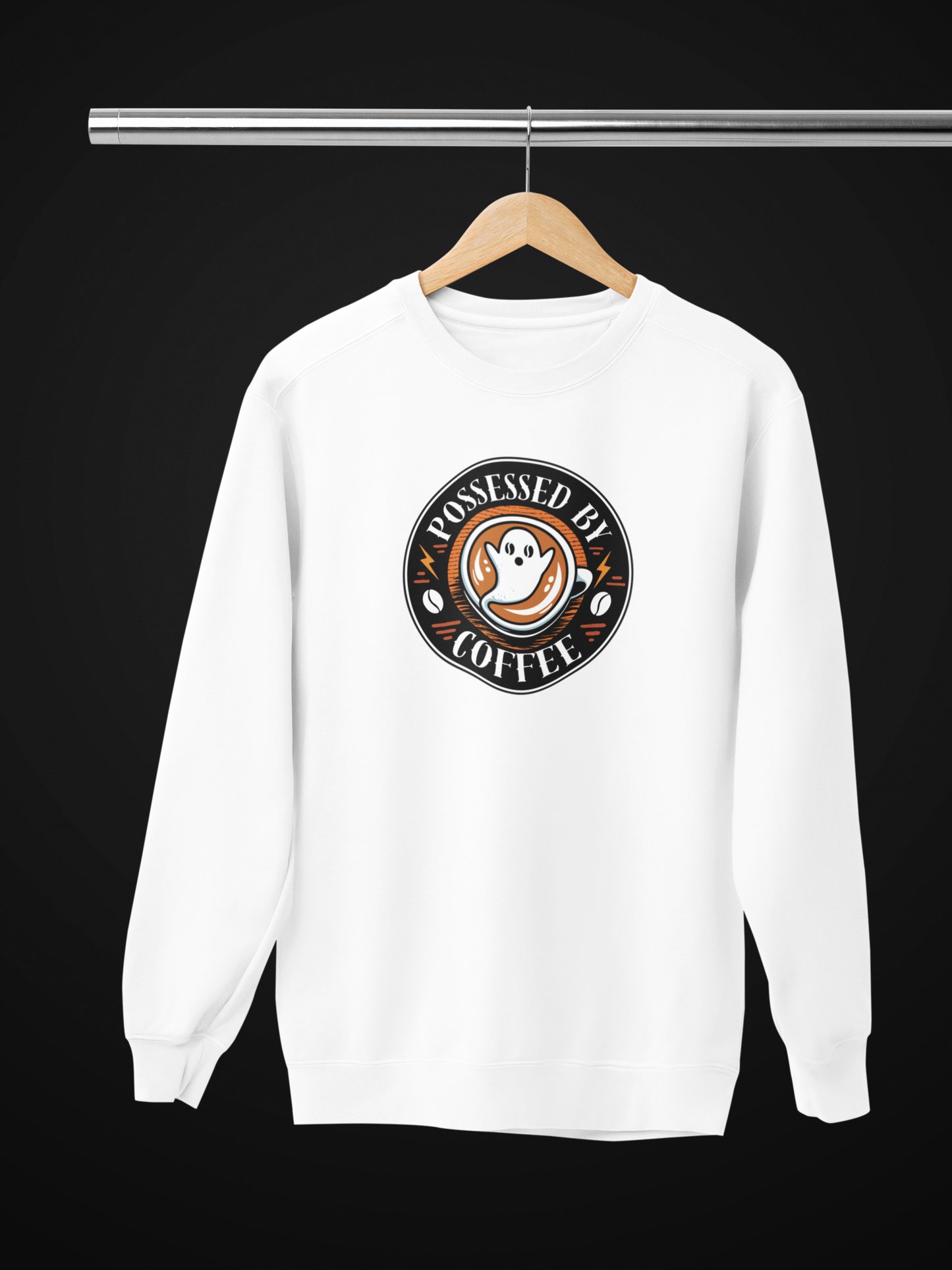 Possessed By Coffee Ghost Sweatshirt - Coffee Lover Crewneck with Vintage Badge Design